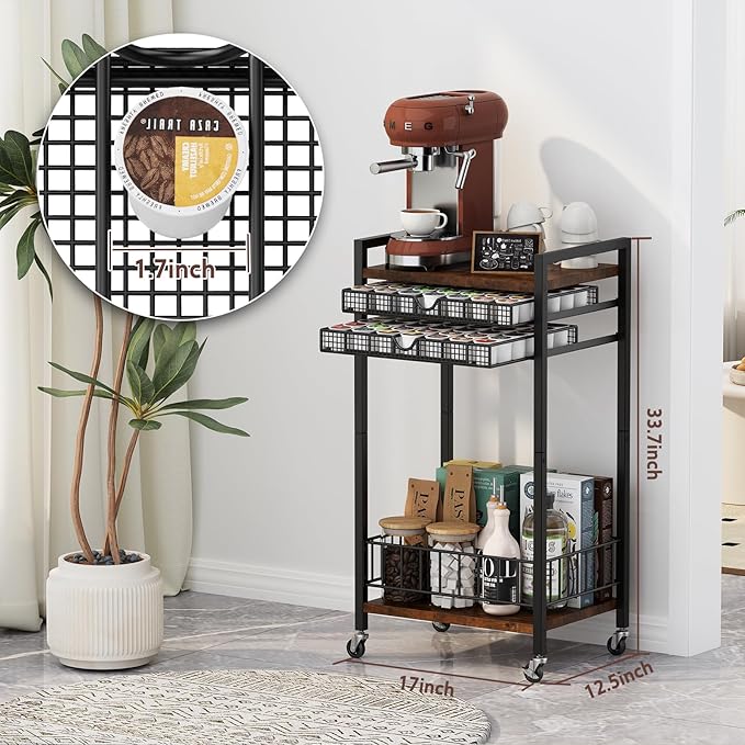 Miratino Coffee Cart Station, 4-Tier Coffee Station Organizer with Lockable Wheels, Coffee Pod Holder Drawer Holds 84 Pods, Coffee Bar Cart for Kitchen, Living Room, Office, Rustic Brown