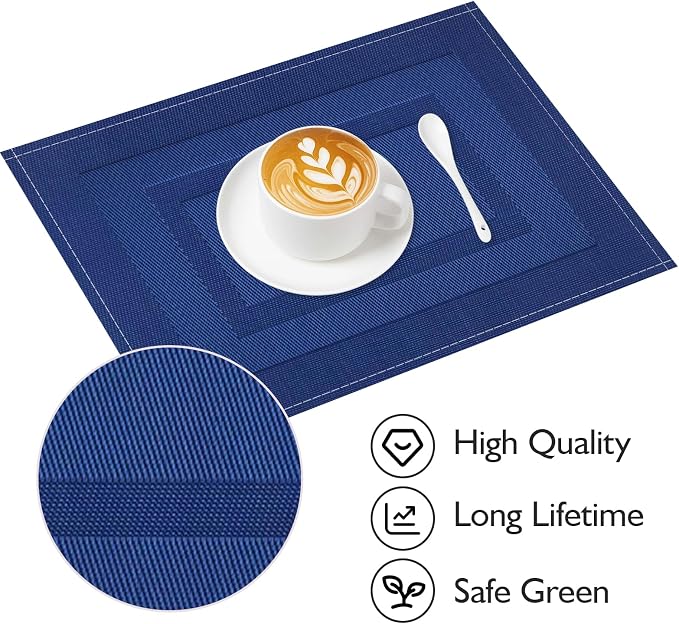 Niviy Navy Blue Placemats Set of 4, 12x18 Inch Washable Easy to Clean Heat-Resistant Anti-Skid Grey Placemats for Holiday Party Kitchen Dining Room Decoration