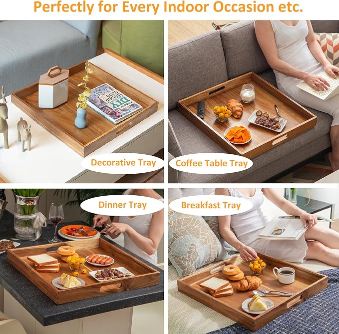 Extra Large 22INCH Premium Acacia Wood Tray Square Ottoman Tray with Handles Wooden Serving Tray Multi-Use for Breakfast in Bed Coffee Table Snack Entertaining Guests