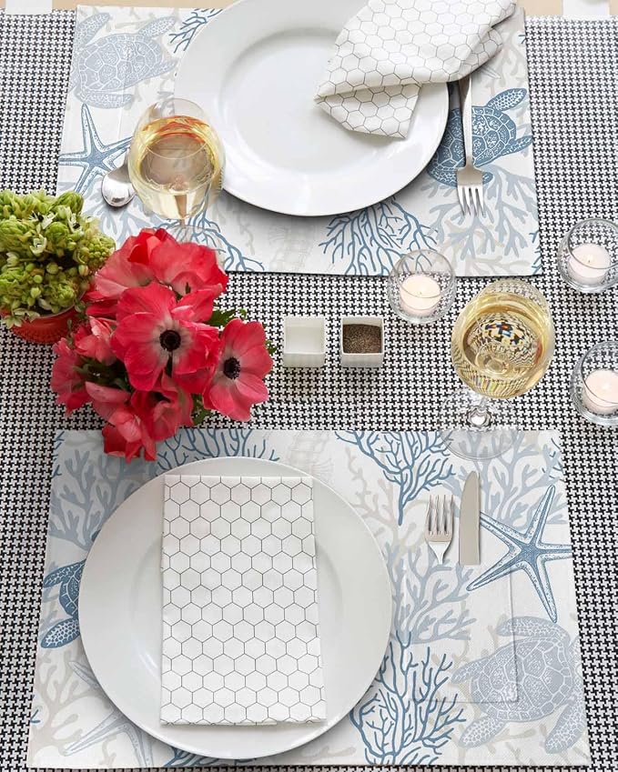 Blue Grey Coastal Placemats Set of 6, Woven Placemat Washable Wipeable Table Placemat with Pocket, Holiday Cloth Table Mat for Party Kichen Dinner Sea Turtle Nautical Coral Summer Beach