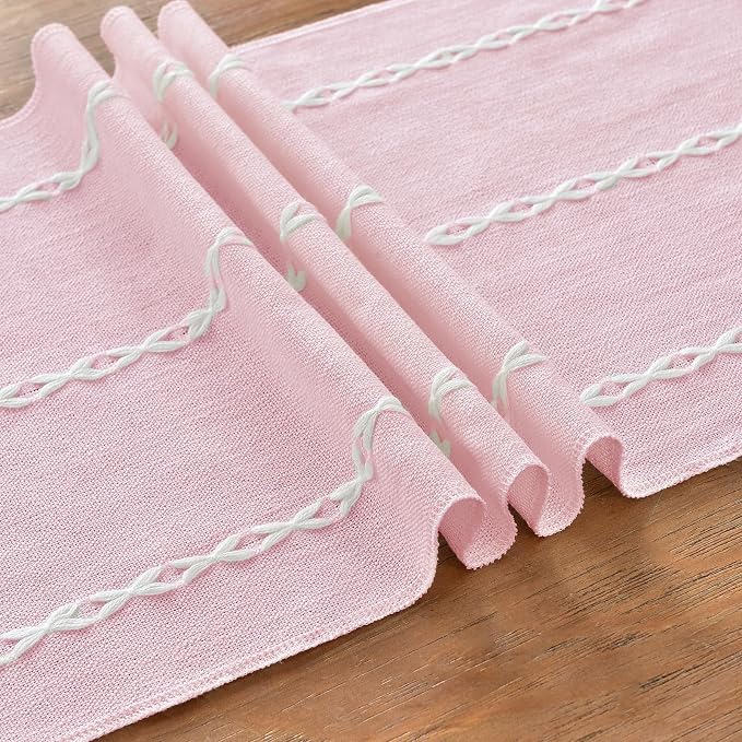 Wracra Rustic Linen Table Runner Farmhouse Style Table Runners 108 inches Long Embroidered Table Runner with Hand-Tassels for Party, Dresser Decor and Dining Room Decorations (Pink, 13"×108")