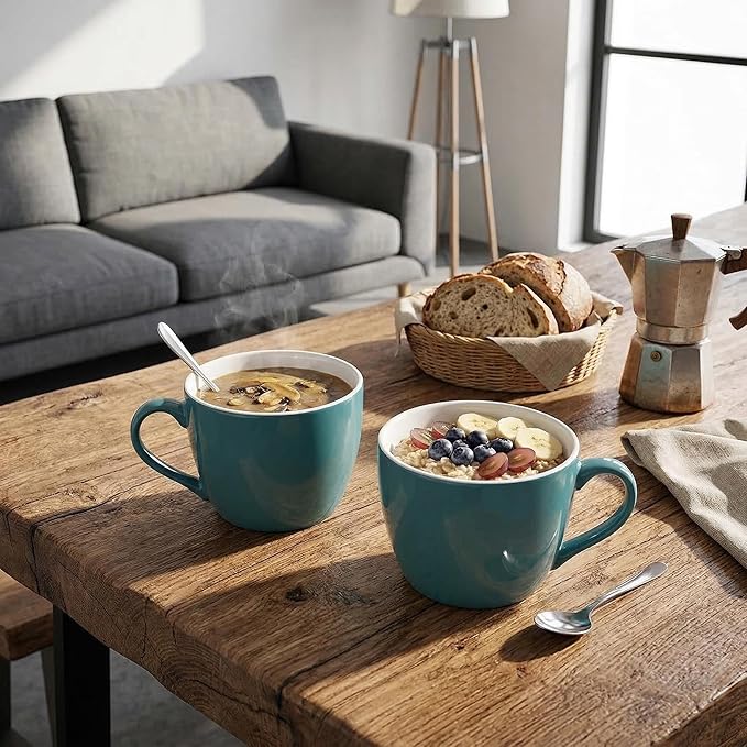 MECOWON 30 OZ Porcelain Coffee Mugs, Set of 2 Large Mugs for Soup, Cereal and Salad (Teal (bluish - green))