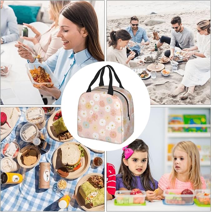 Insulated Lunch Bag Pastel Daisy Flower Pattern, Leakproof Lunch Tote for Work School, Reusable Lunch Box Cooler for Adults Students, Compact Lunch Bag for Office College Picnic