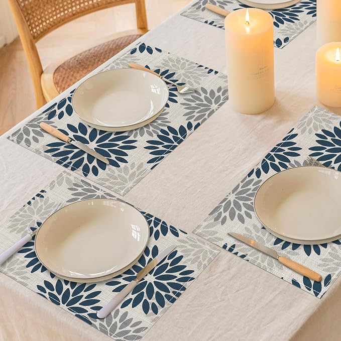 Niviy Dahlia Aqua Floral Pinnata Flower Placemats Set of 4, 12x18 Inch Washable Easy to Clean Heat-Resistant Anti-Skid Grey Placemats for Holiday Party Kitchen