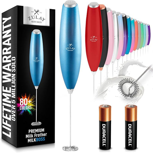 Zulay Powerful Milk Frother for Coffee with Upgraded Titanium Motor - Handheld Electric Whisk, Milk Foamer, Mini Mixer & Coffee Blender for Frappe, Latte, Matcha, No Stand - Frosted Blue