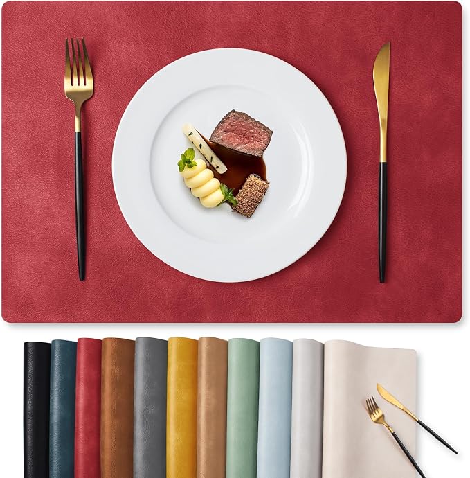 MOSAYT Vinyl Placemats Set of 8-12 X 17 Inch - Faux Leather 100% Waterproof Oil-Proof Wipeable PU Place Mats, Heat Resistant Reversible Table Mats for Kitchen, Dining, Outdoor, Red