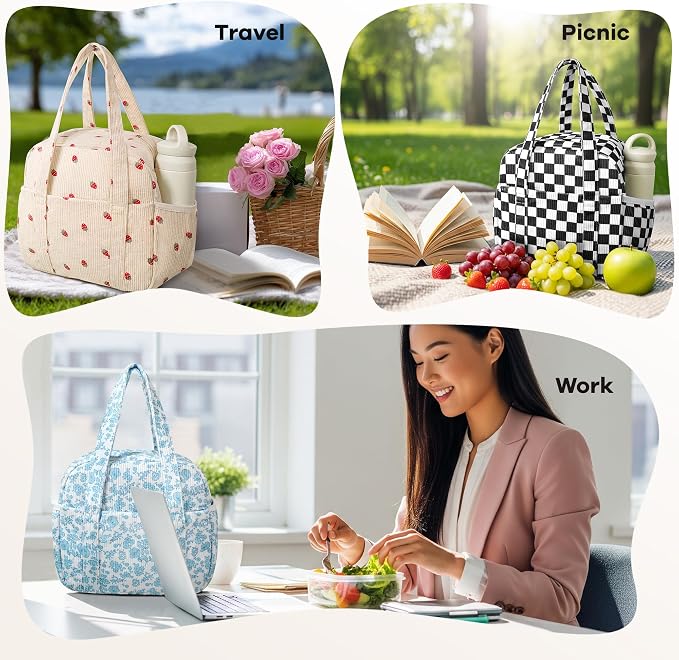 Yarnic Corduroy Lunch Bag Women Insulated, Large Lunch Box for Work with Bottle Pockets, Stylish Reusable Cooler Tote for Adults Teachers Picnic (black White Checkered)