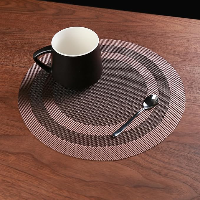 PIGCHCY Round Placemat Set of 8 Vinyl Washable Kitchen 15 inch Table Placemats for Wedding Holiday Party (Coffee Brown)