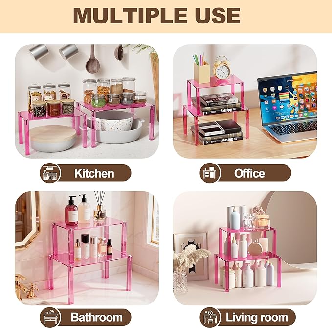 Acrylic Cabinet Organizer, Set of 4 Stackable Spice Rack for Kitchen Organizer Storage Countertop Spice Organization for Cabinet Display Shelves(Pink)