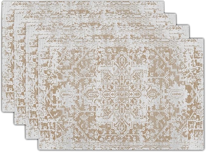 Gray Khaki Boho Placemats Set of 4 Ethnic Bohemian Carpet Place Mats Washable Kitchen Dining Vintage Grey Geography Floral Linen Table Mats Stain Heat-Resistant for Home Party Indoor 12x18 in