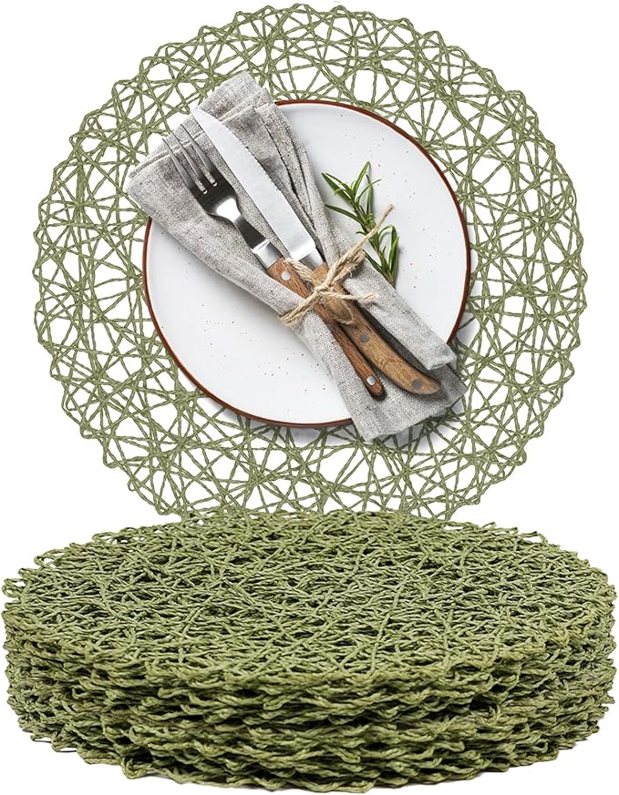 AHHFSMEI Paper Braided Round Placemats Set of 12 Natural Non-Slip Heat Resistant Table Mats for Dining Tables Woven Indoor & Outdoor Place mats(Green,12)
