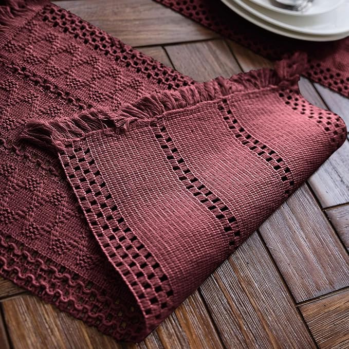Macrame Table Runner Burgundy Boho Table Runners with Tassels Hand Woven Cotton Table Runner Rustic Farmhouse Table Runners for Bohemian Kitchen Dining Table(12x71in)