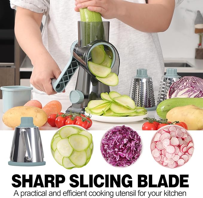 Cheese Grater Cheese Shredder with 3 Interchangeable Blades, Rotary Cheese Grater Manual Vegetable Slicer with Non-slip Suction Base Peanut Nuts Grinder Vegetable Shredder Clear