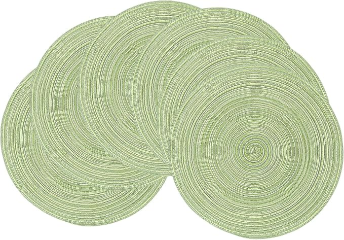 15'' Round Woven Placemats Set of 6, Natural Heat Resistant Washable Non-Slip Woven Table Mats-Green