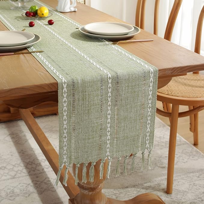 Wracra Rustic Hemstitch Table Runner, Linen Farmhouse Table Runners 60 Inches Long with Tassels for Dining Kitchen Coffee Table Decor, Party and Dresser Decor (Sage Green, 13×60")