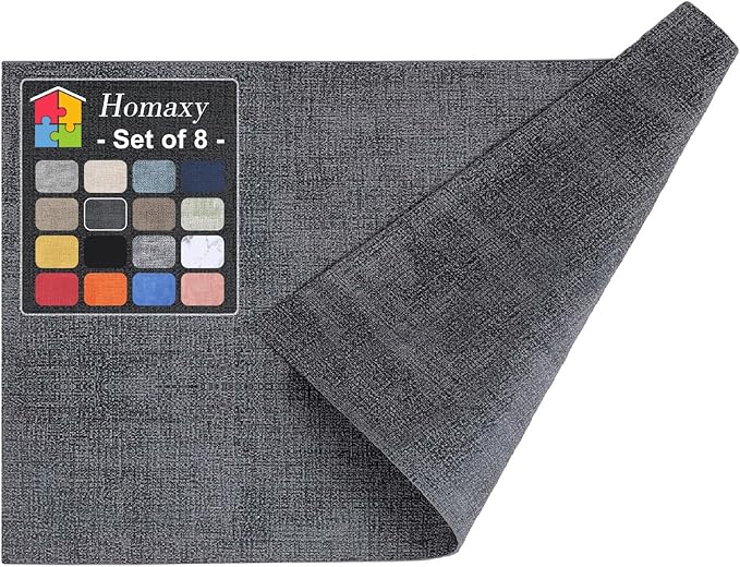 Homaxy Faux Leather Heat Resistant Placemats for Dining Table Set of 8, Waterproof Wipeable Washable PU Table Mats, Easy to Clean Anti-Slip Place Mats, 11.8" x 17", Dark Grey