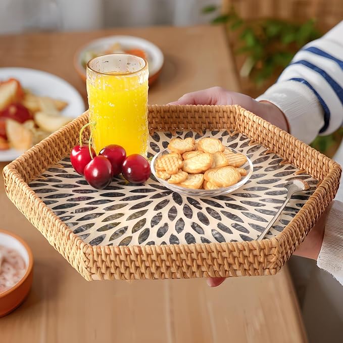 Hexagon Rattan Tray with Mother of Pearl Inlay, Rattan Serving Tray for Coffee, Bread, Fruits, Snacks, Decorative Wicker Tray for Table Decor, Home Decor (Black Leaves, 14.5"×12.8")