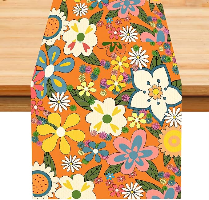 Retro Floral Table Runner,Vintage 70s Hippie Summer Groovy Daisy Flower Table Runner for Home Kitchen Dining Table Party Holiday Decor 13"x90"
