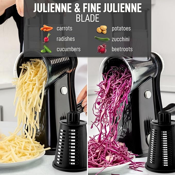 Zulay Kitchen Rotary Cheese Grater 5 Blade Cheese Shredder - Manual Hand Crank Cheese Grater With Reinforced Suction & 5 Interchangeable Drums - Easy to Use, Vegetable Chopper Round Mandoline Slicer