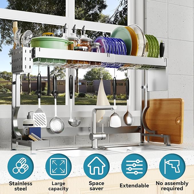 MINGLING Over Sink Dish Drying Rack Kitchen Dish Rack Over Sink Height & Width Adjustable Large Over Sink Dish Drainer Rack Full Stainless Steel (W21.2-37"~ H18.5-22" Silver)