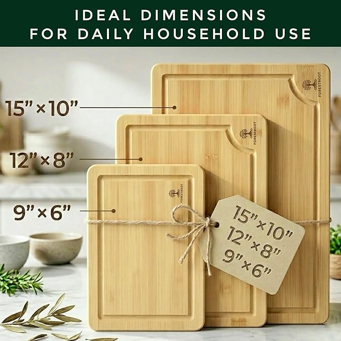 Bamboo Cutting Board Set – 3-Piece Wooden Kitchen Boards for Meal Prep & Serving – Durable Bamboo with Deep Juice Groove & Side Handles – Great for Meat, Vegetables & Charcuterie