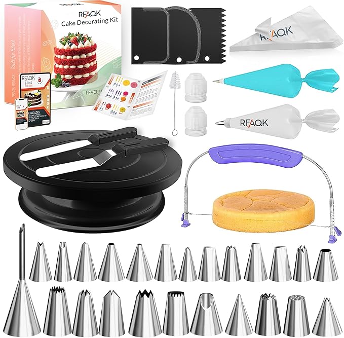 RFAQK 90PCs Cake Decorating Kit with Leveler, Baking Supplies Gift Includes Cake Stand Turntable, 24 Numbered Icing Tips, 55+1 Piping Bags, 2 Frosting Spatulas, 3 Scrappers, Video Course & Booklet