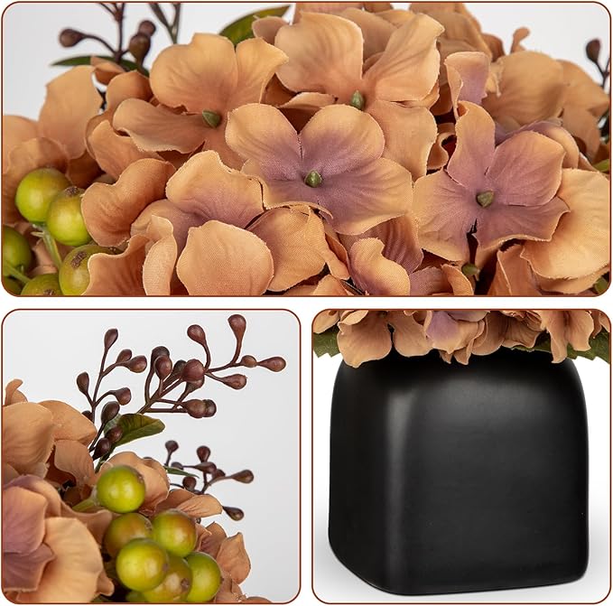 Briful Hydrangea Artificial Flowers in Black Square Ceramic Pot, Brown Silk Hydrangea Flowers Realistic Potted Fake Flowers with Berries for Home Decor Indoor Wedding Table Centerpieces