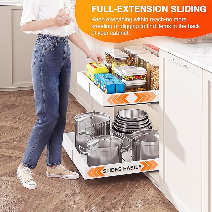 2 Pack Expandable Pull Out Cabinet Organizer, Slide Out Cabinet Shelves with 3 Quiet Rails, Nano Adhesive No Drill Roll Out Drawers for Kitchen, Pantry, Bathroom, 12.6"-20.4" W x 21" D, White