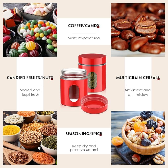 6 Pack Kitchen Canisters Set 20 oz Airtight Stainless Steel Canister Food Storage Container with Window Glass, Coffee Sugar Candy Jars Tea Organizer for Flour Cookies Spices Grains Kitchen(Red)