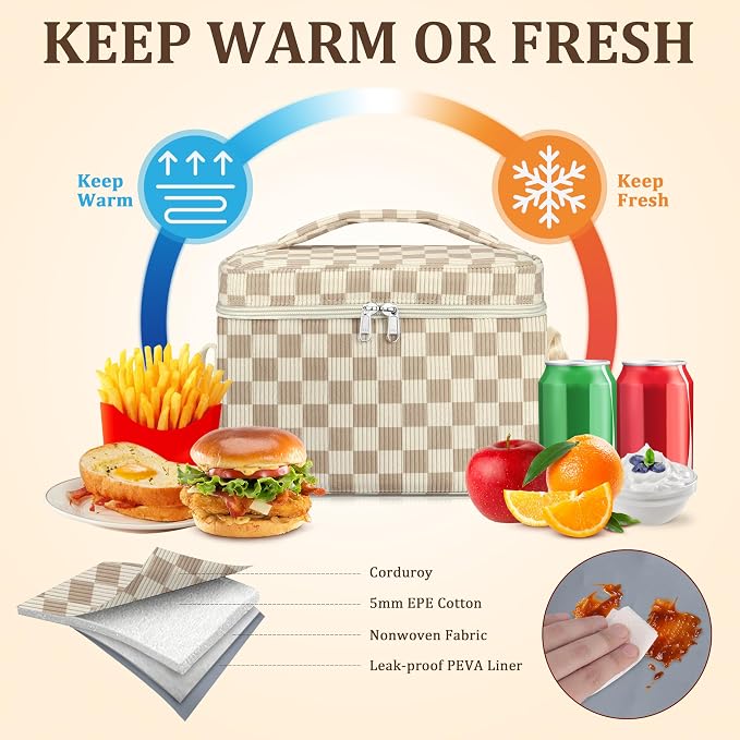 TESAFNG Insulated Lunch Bag for Women, Cute Corduroy Reusable Lunch Box for Adult, Leakproof Cooler Bag for Work Office Travel Picnic, Lunch Tote Bag with Adjustable Shoulder Strap (Checkered Khaki)