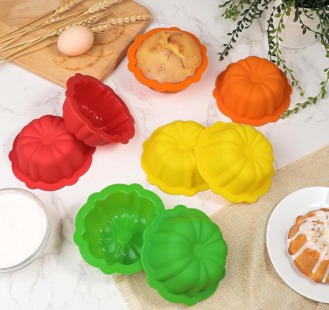 Webake 4 Inch Silicone Mini Cake Pan Set of 8, Nonstick BPA Free Fluted Tube Cake Pans for Baking, Muffins, Cupcakes