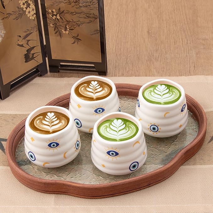 4pcs Japanese Tea Cup Set – Mini Size Cup 5OZ Ceramic Matcha Cup, Handless Espresso Cups, Cute Small Porcelain Coffee Mugs, for Coffee Tea Lovers, Dishwasher & Microwave Safe (Evil Eye)