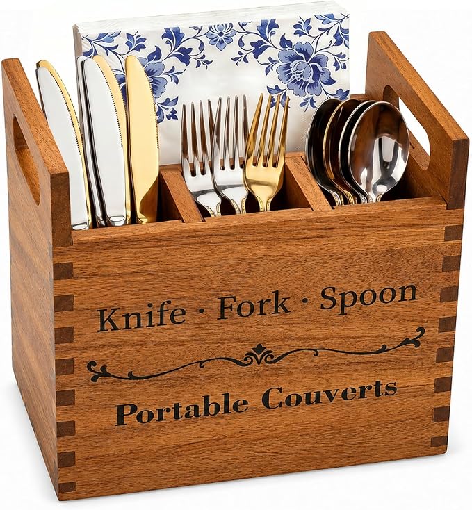Portable Acacia Wood Kitchen Utensil Holder with Handle, Farmhouse Countertop 4-Compartment Wooden Cooking Utensil Holder for Counter, Island & Dining Room