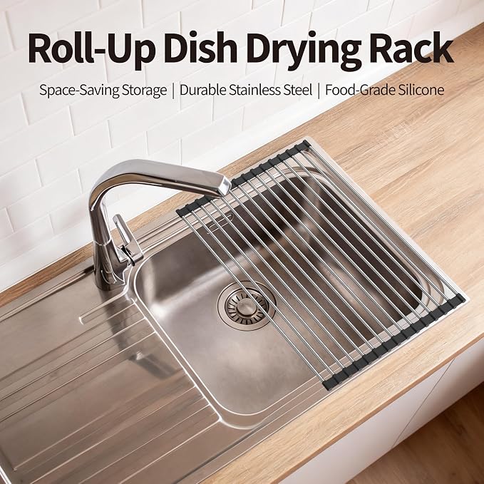 Roll Up Dish Drying Rack for Over Sink -17.5"x11.8" Foldable Stainless Steel Kitchen Drainer, Black
