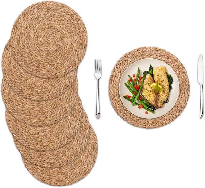 Round Woven Placemats Set of 6, 13 Inch Boho Farmhouse Rattan Placemats Rustic Braided Wicker Table Place Mats Chargers for Dinner Plates