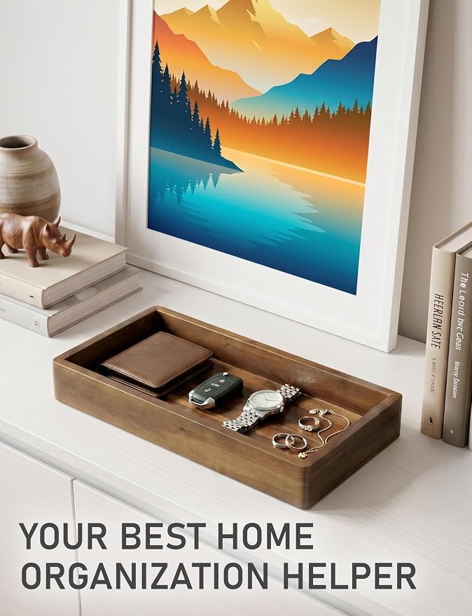 Demigo Acacia Wood Valet Tray & Catchall - Dark Color 12.2" x 6" Organizer for Nightstand, Entryway, Dresser - Holds Keys, Wallet, Phone, Jewelry (Dark Brown)