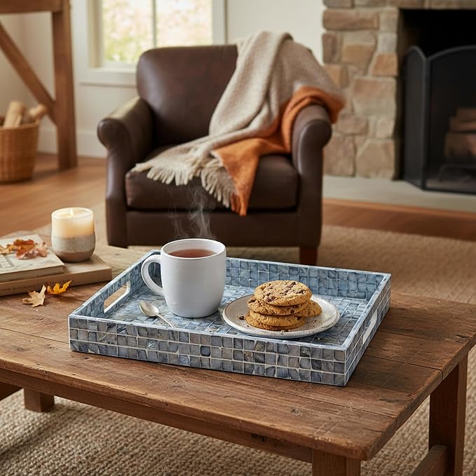 PEMAR Rectangular Mother of Pearl Serving Tray Nacre Wood Lap Ottoman Tray for Coffee Table, Luxury Decorative Handmade Eating Platters w Insert Handles (Blue)