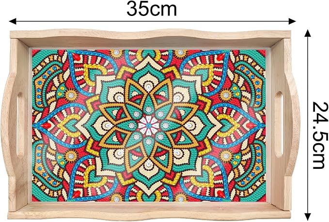 Generic DIY Diamond Serving Tray Rectangular Upgrade Increase Breakfast Tray with Handles Handmade Diamond Art Painting Wooden Tray Dinner Plate for Coffee Living Room Home Organizer-Mandala07