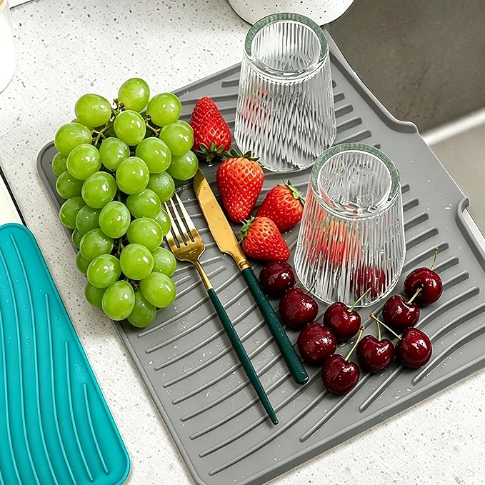 Silicone Dish Drying Mat,Dish Drying Pad,Kitchen Accessories,with Built-In and Non-Slip Drain,Easy Clean, Fit for Kitchen, Bar, RV, Refrigerator and Drawer Liner, 15.7 * 13 in Grey 1PCS by EBIGIC