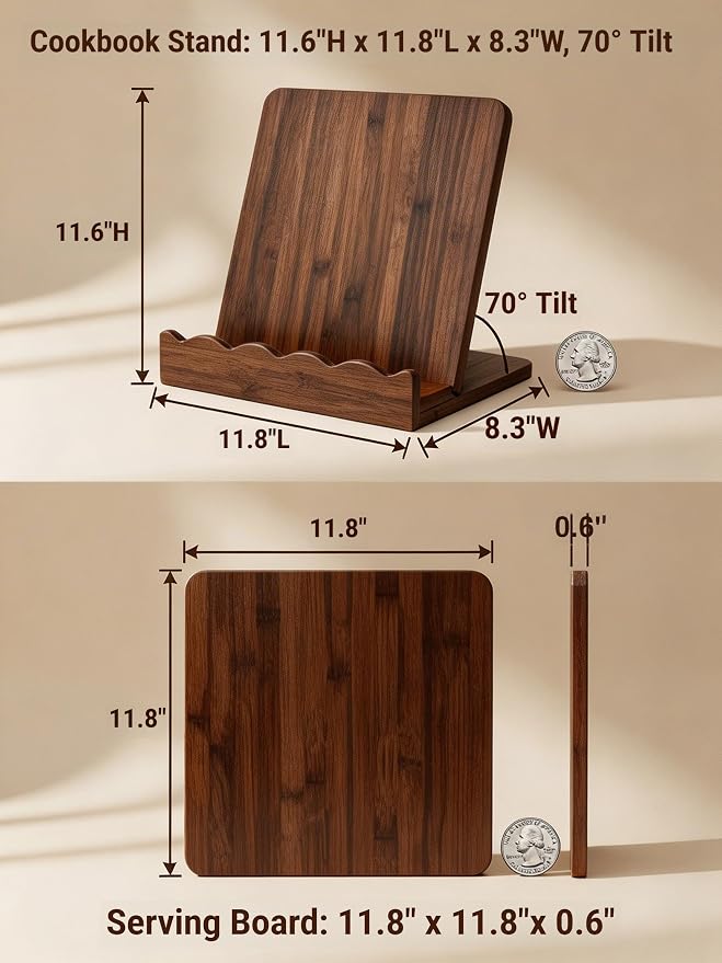 Acacia Wood Cookbook Stand for Kitchen Counter, Detachable Serving Tray | 2-in-1 Recipe Stand & Serving Tray, Holds 11.8" Cookbooks & 3" Thick Books/Tablets, Acacia Wood, Detachable for Easy Storage