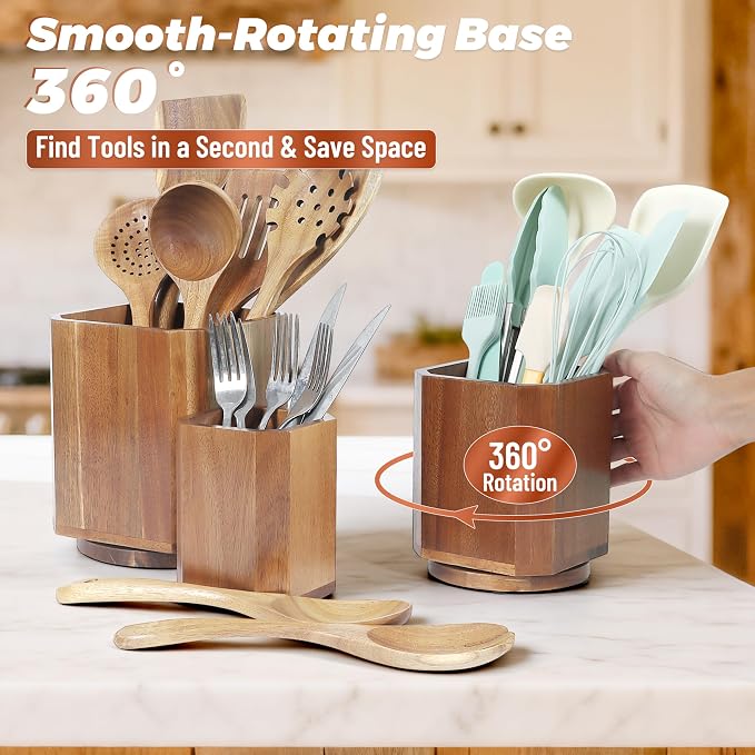 KINGSOW Wooden Utensil Holder Set: 3PCS Extra Large Acacia Wood Organizer with 360° Rotating Base for Kitchen Countertop - Farmhouse Storage Crock for Multi-Generation Family & Cooking Enthusiasts