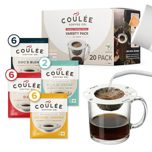 EcoPour Coffee Variety Pack, Single Serve Pour Over Coffee, Use for Camping or Traveling, Pre Filled Compostable, All Paper Filters, Ready to Brew with Hot Water, Includes 4 Flavors, 20 Pack