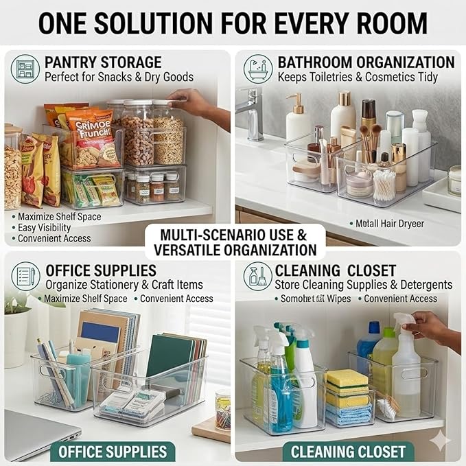Thickened Crystal Clear Freezer Storage Bins - 4 Pack Clear Plastic Bins for Refrigerator and Pantry, Stackable Kitchen Cabinet Organizer with Handles for Pantries, Cabinets (4Pcs-S+L)