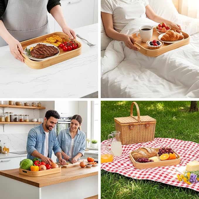 2 Pack Bamboo Serving Trays with Handles, 15.7" L x 11" W /13" L x 9.6" W, Arc Angles Solid Bamboo Serving Tray, Portable Decorative Tray for Kitchen Counter Eating Food Tea Coffee Bar Parties