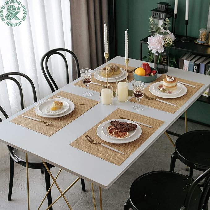 Set of 16 Pcs Bamboo Placemats Sushi Rolling Mat Japanese Style Natural Anti-Slip Bamboo Placemats Washable Heat-Resistant Table Mats for Dining Room and Kitchen