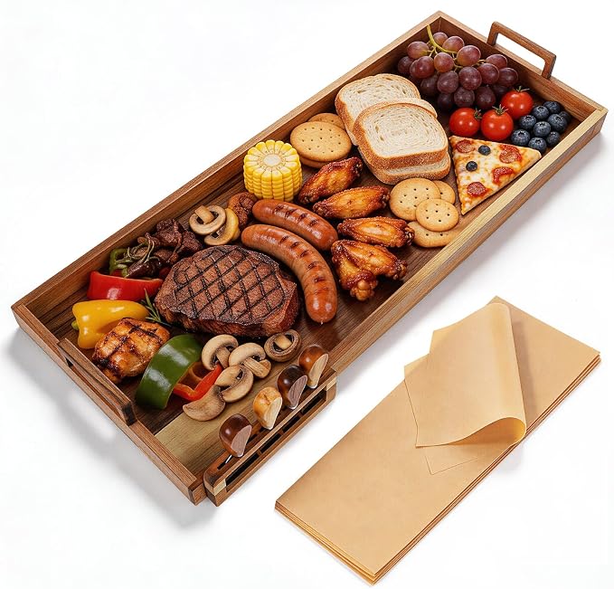 Large Charcuterie Boards with Cheese Knife Set,30 x 12 Inch Acacia Wood Serving Tray with Handles,Long Wooden Charcuterie Board with 30Pcs Wax Paper,Large Cheese Board Gift Set