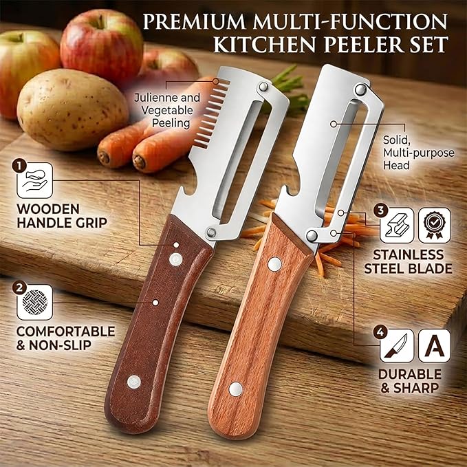 2 PCS Multifunctional Vegetable Peelers for Kitchen, 2026 Upgraded Stainless Steel Peeler with Bottle Opener, Wooden Handle,Julienne Cutter, 2-in-1 Non-Slip Kitchen Tool for Potato, Carrot, Fruits