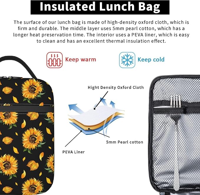Black Floral Sunflower Lunch Box Insulated Flower Lunch Bag for Women Men Reusable Portable Leakproof Lunchbox Tote Cooler Thermal Bag for Office Work Picnic Travel