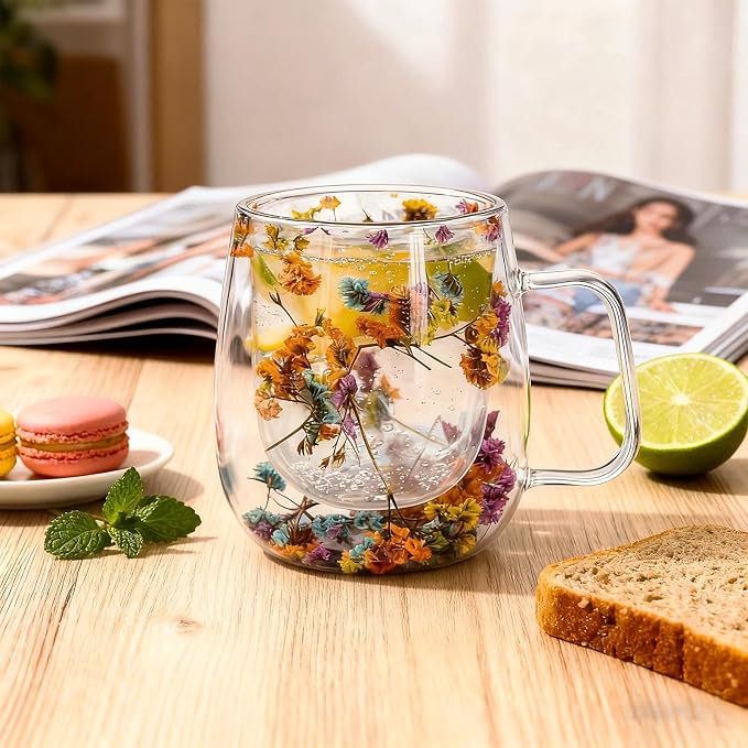 Double Wall Glass Coffee Mugs, Cute Clear Flower Cups with Handle, Unique Double Insulated Glass Cup for Cappuccino Tea Espresso Latte Hot Beverages, Birthday Gifts for Mother Women (12oz)