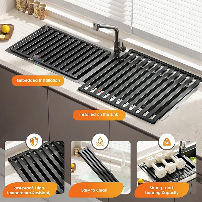 Foldable Over Sink Dish Drying Rack, Extra Wide & Thick Rust-Proof Aluminum Sink Cover for Counter Space, Collapsible Dish Drying Rack Fits Most Kitchen Sinks (Black, 13.8“x13.6)